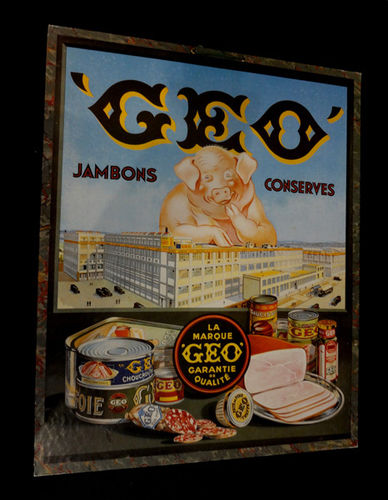Cartel publicitario de jamones y conservas Geo