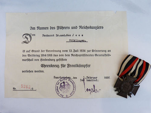 Creu de l'honor 1914 1918 per a combatents amb document de concessió